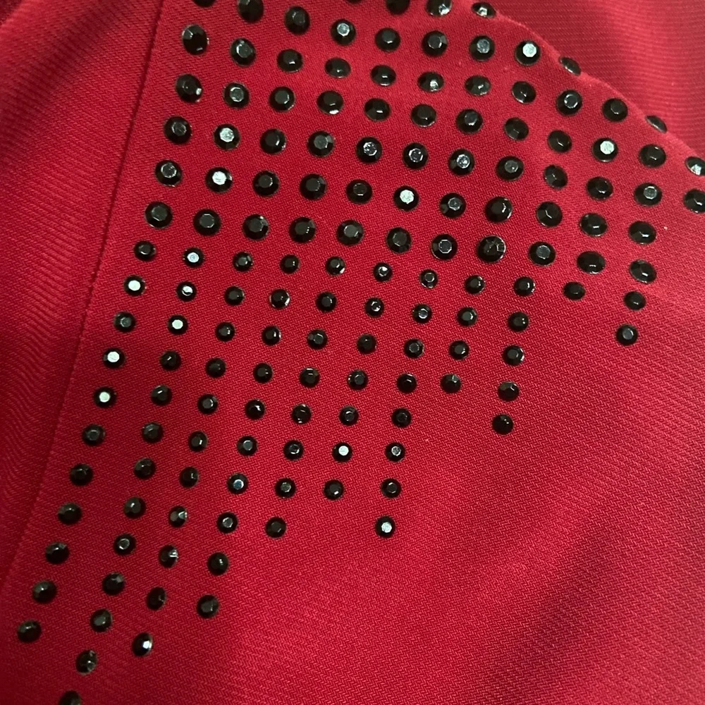 Chaus Red Gathered V-Neck Top 3/4 Sleeves Blouse with Black Rhinestones - Picture 2 of 5